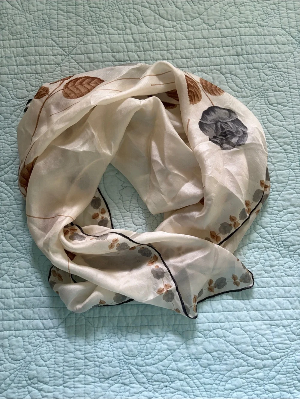 Floral Embroidered Silk Scarf in Cream and Brown
